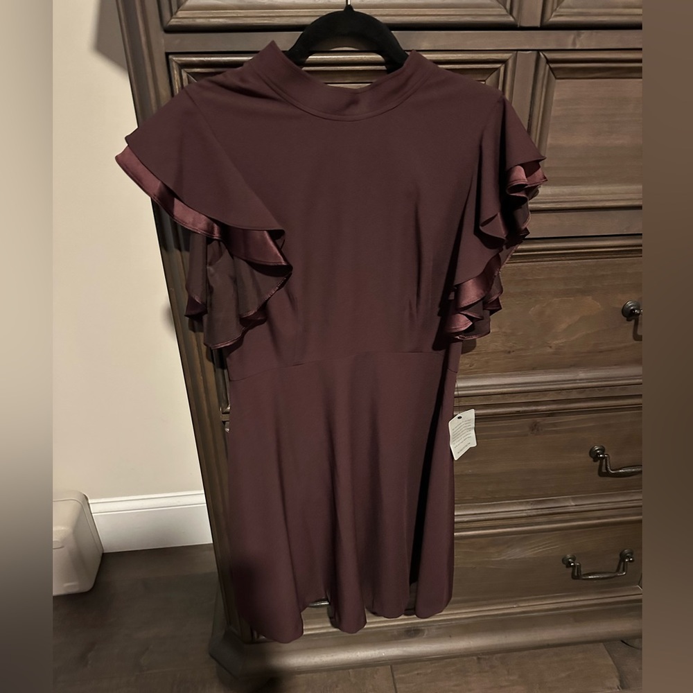 NWT Chelsea28 Nordstrom A-Line Dress. Ruffle sleeves. Burgundy Size 10